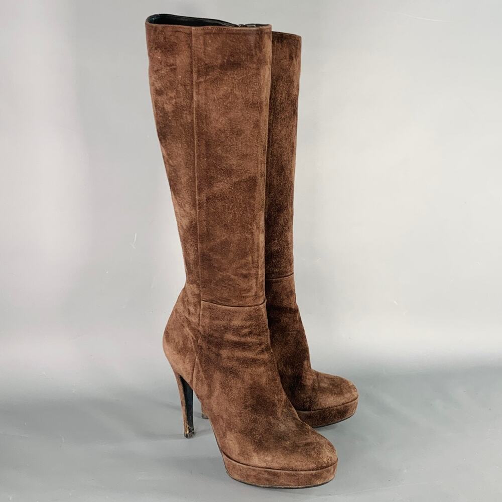 BARNEY'S CO-OP Size 9 Brown Suede Calf High Platform Stiletto Boots